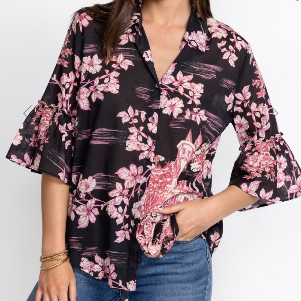 Johnny Was HOUSE ON THE HILL RUFFLE SLEEVE BLOUSE pink black small JOHNNYWAS NWT